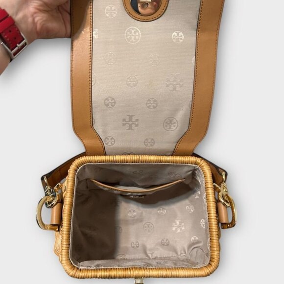 Tory Burch Basket Bag Satchel Handbag Bamboo Leather Tan Gold Logo 4FM90 - Picture 6 of 13